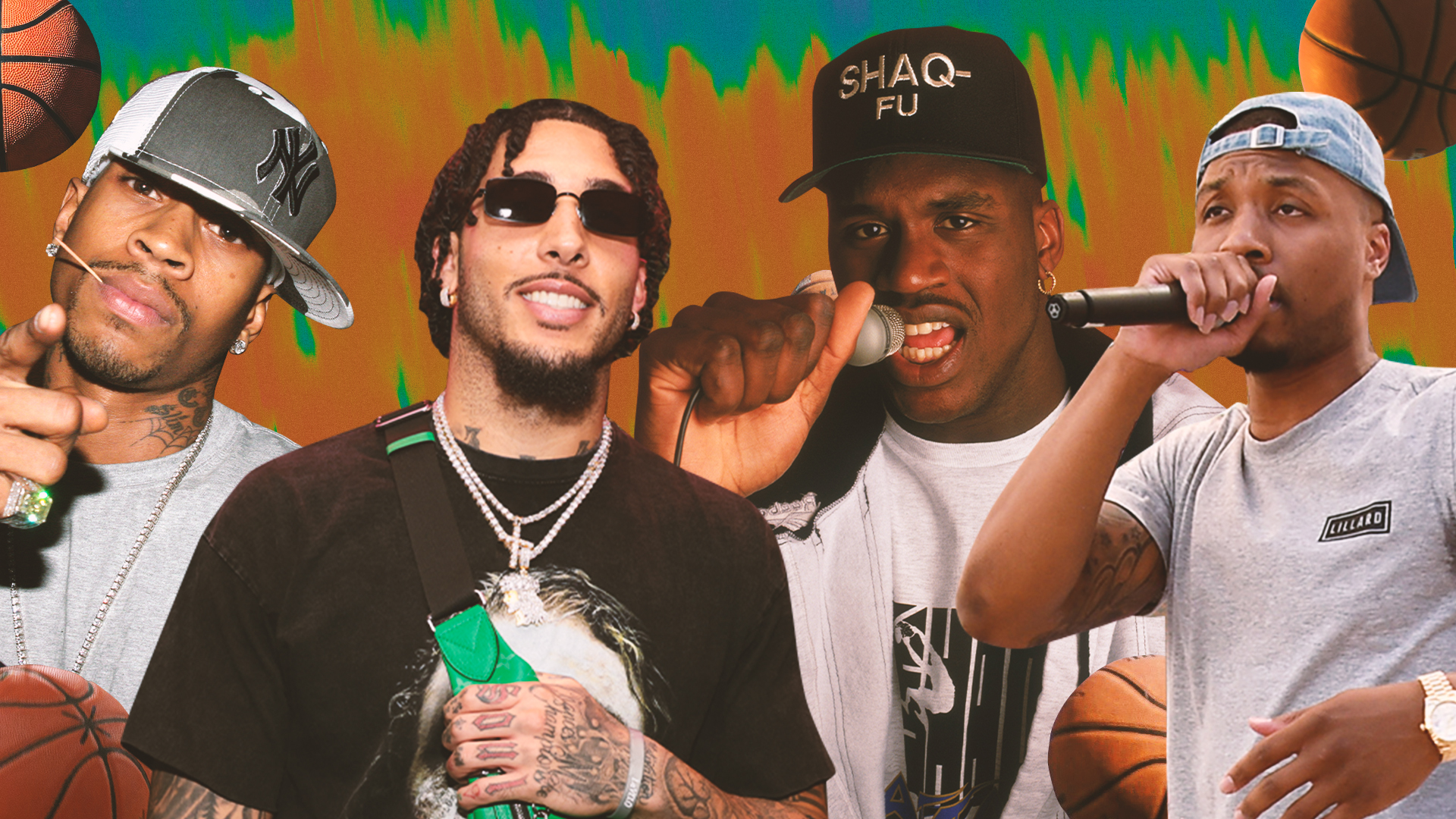 A collage featuring Allen Iverson, a man in sunglasses, Shaquille O'Neal with a "SHAQ-FU" cap, and Damian Lillard holding microphones.