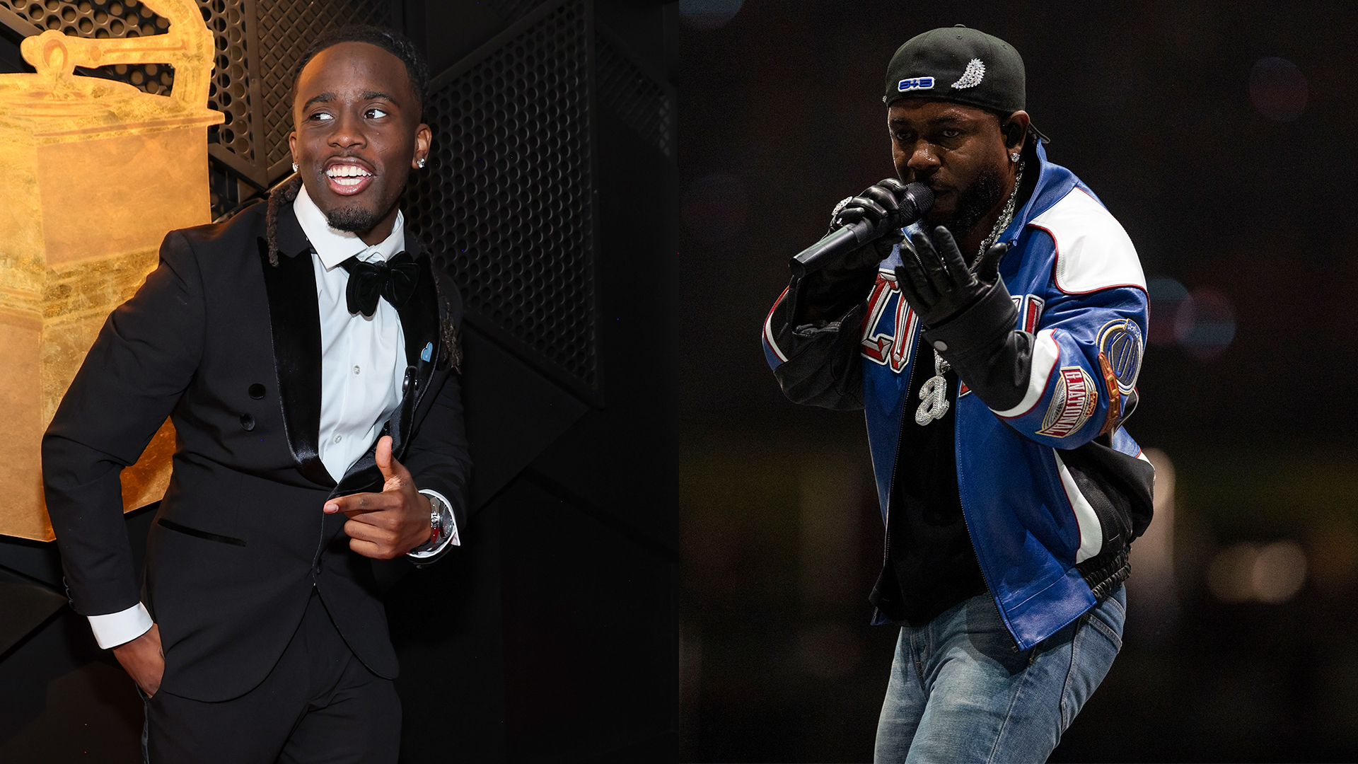 A split image shows Kai Cenat at the Grammys and Kendrick Lamar performing at the Super Bowl.