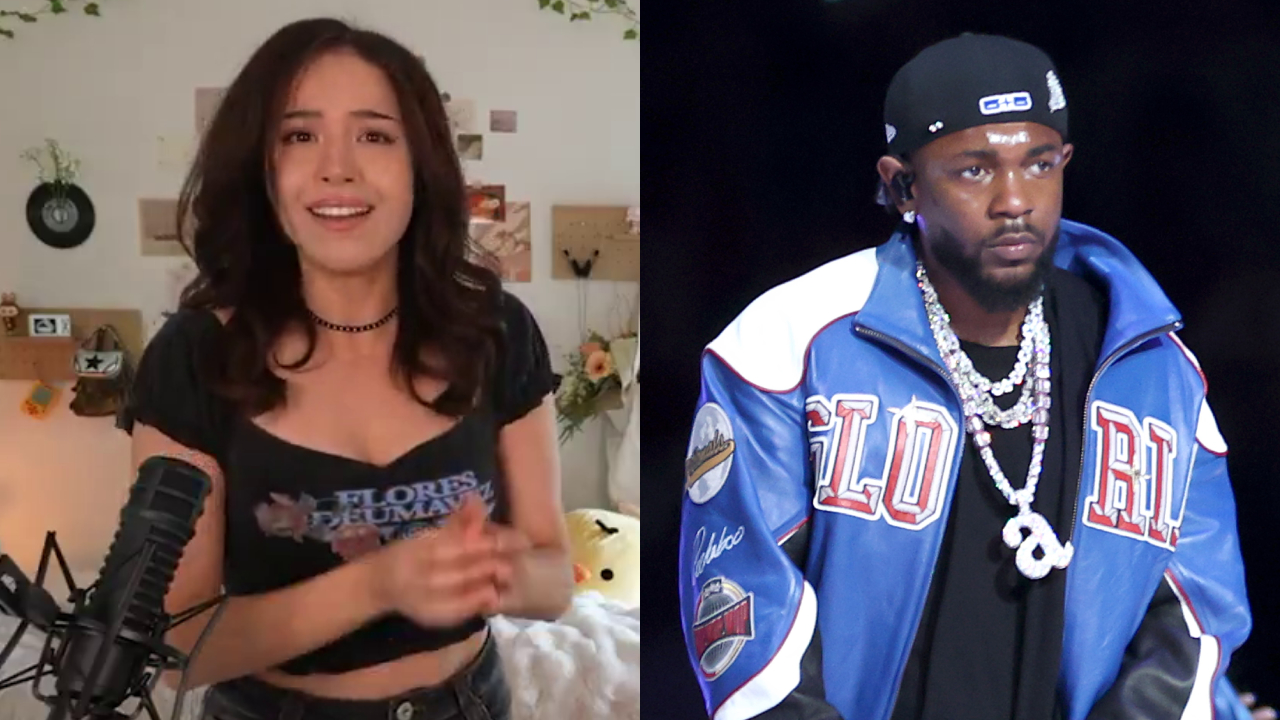 Two images side by side: Left shows streamer Pokimane with long hair in a casual setting, right shows Kendrick Lamar wearing a blue jacket with "Glorious" lettering, a black cap, and multiple necklaces, performing at the Super Bowl LIX Halftime Show.