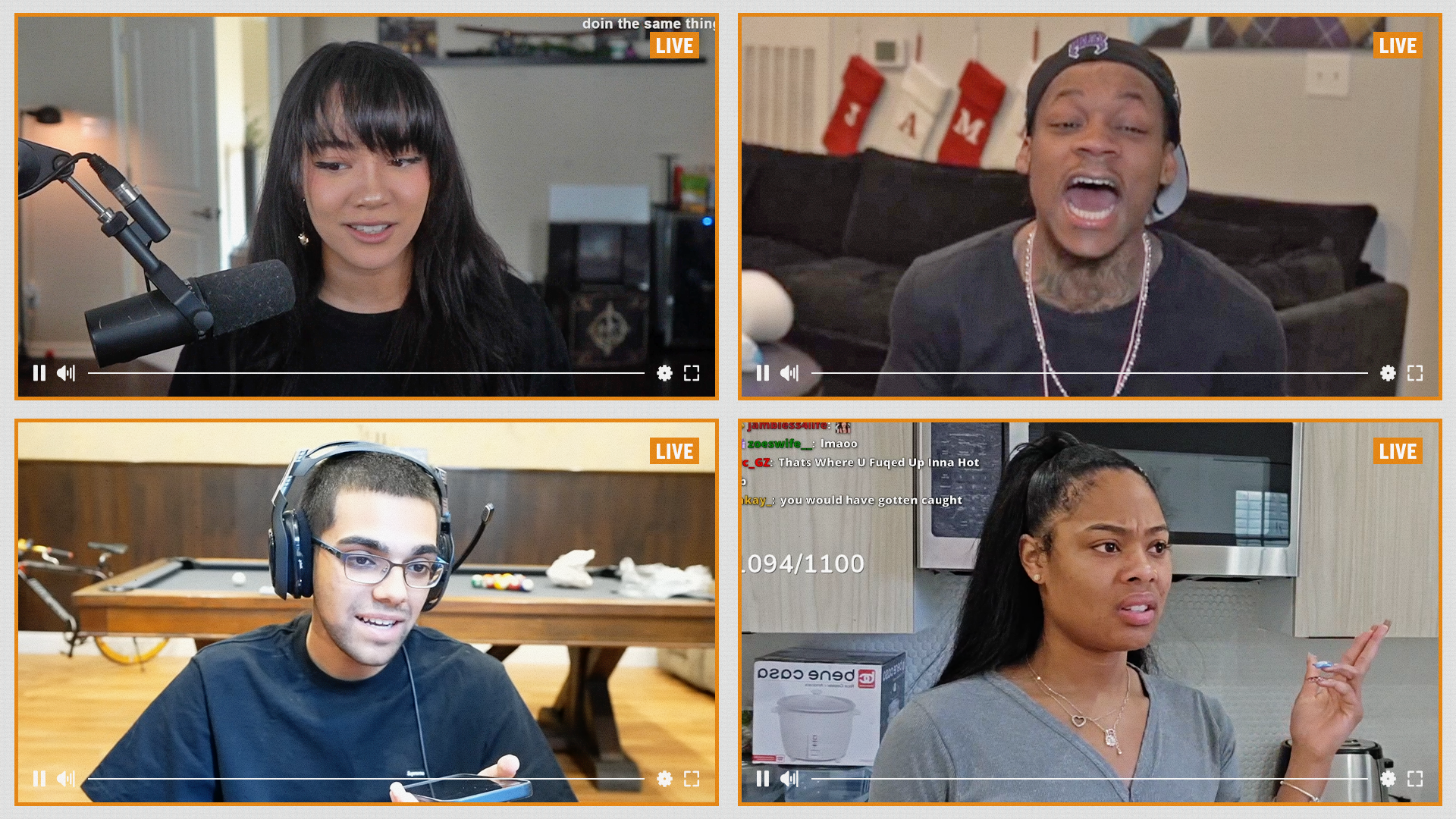 A collage of livestreamers, including Cinna (top left), Tylil (top right), N3ON (bottom left), and Zoespencer_ (bottom right).