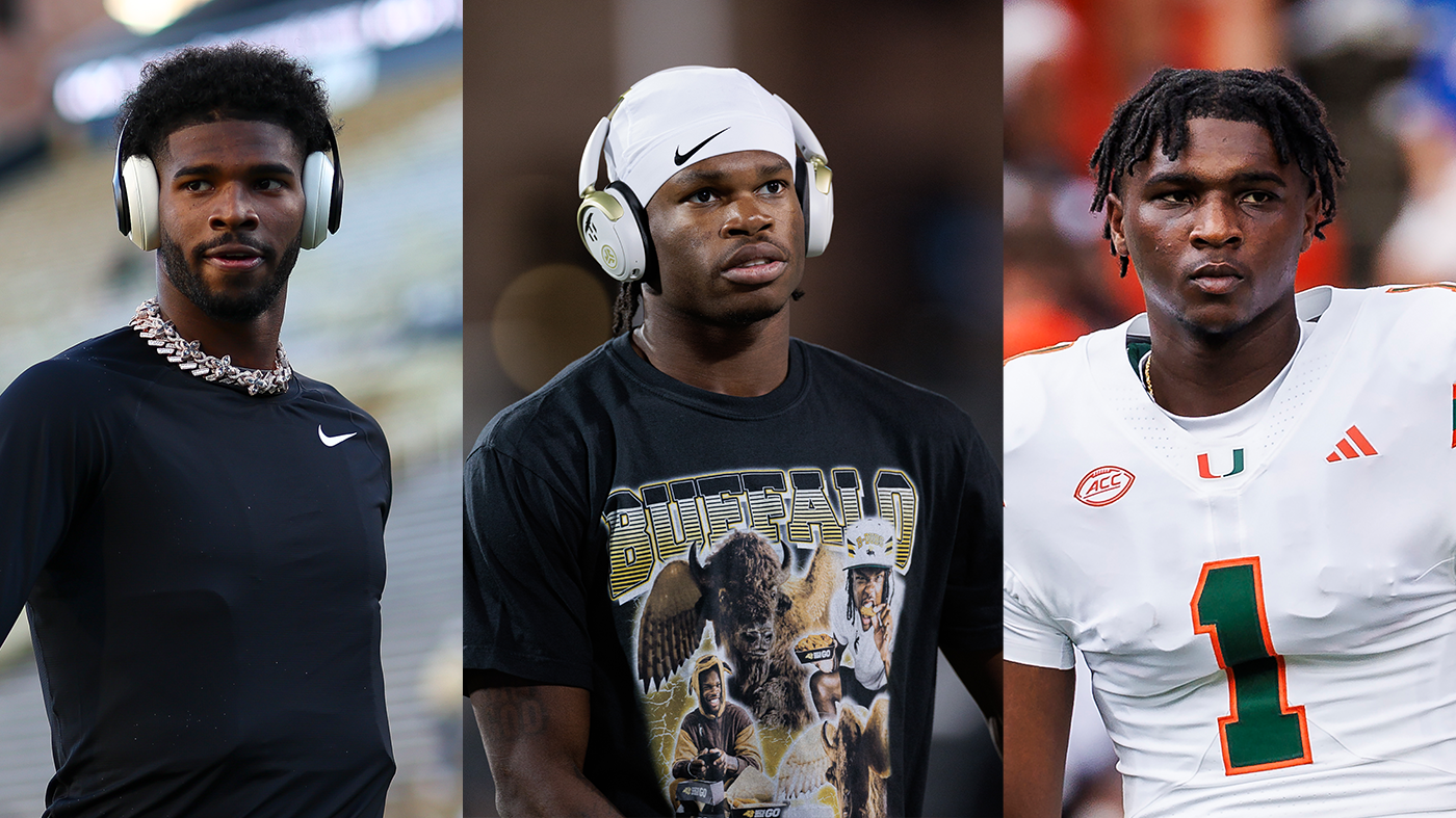 Three athletes are shown: Shedeur Sanders in a black shirt with headphones, Travis Hunter in a graphic tee and white headband, and Cam Ward in a white football jersey.