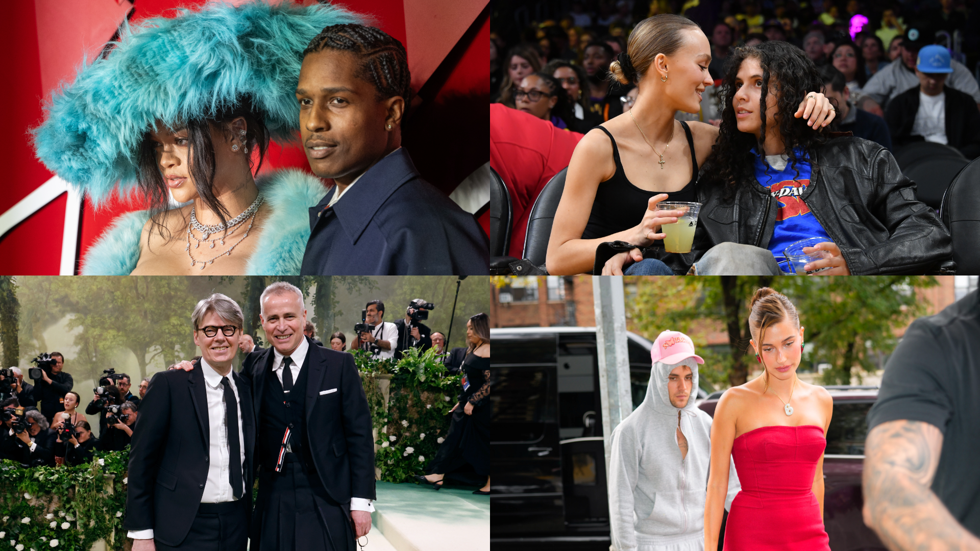 Four images: Rihanna and ASAP Rocky at an event; Lily-Rose Depp and 070 Shakes sitting closely; Andrew Bolton and Thom Browne at the Met Gala; Justin and Hailey Bieber walking.